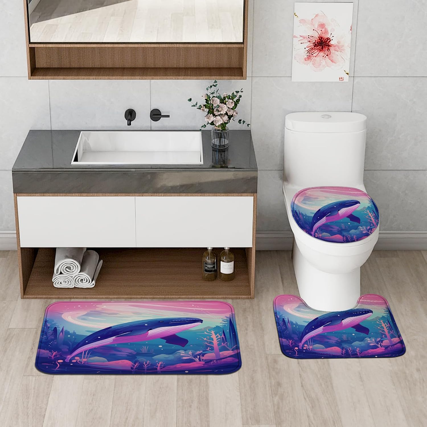 4PCS Fantasy Whale Bath Set with Non-Slip Rug and 12 Hooks