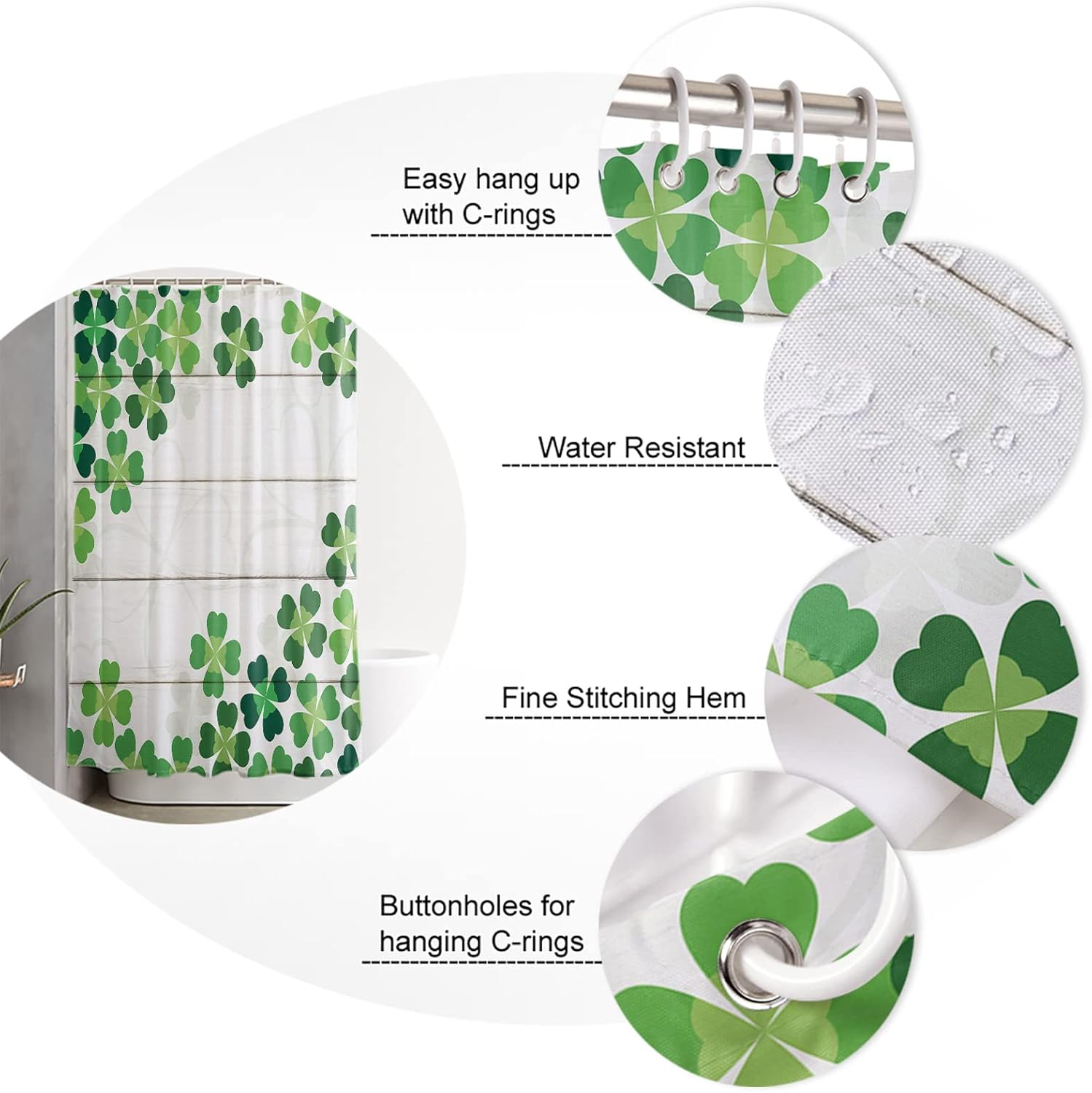 St Patricks Day Green Shamrock - Waterproof shower curtain set with Straps