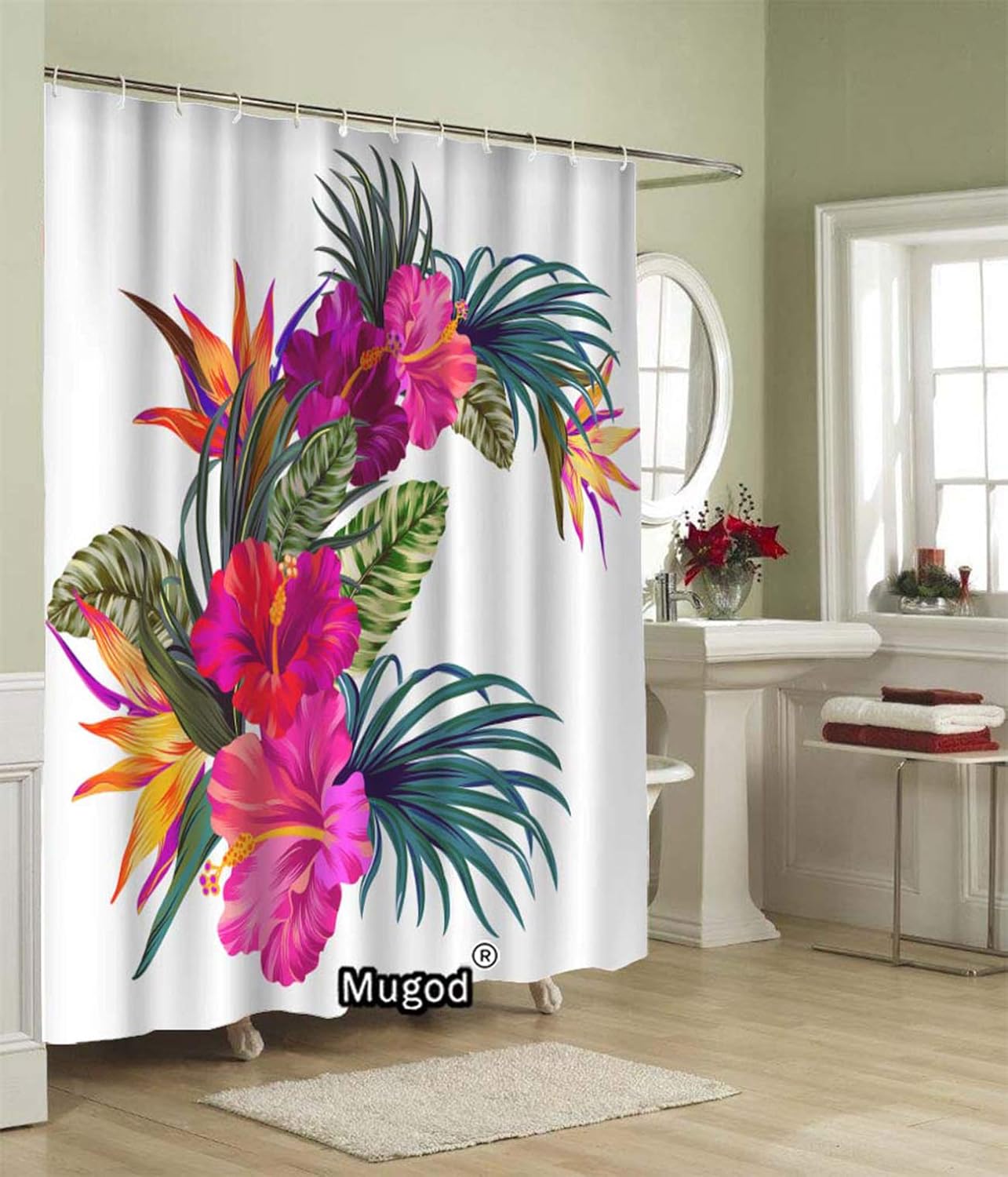 Mugod Tropical Flowers Shower Curtain Hibiscus Palm Retro Hawaiian Design 60x72 Inches