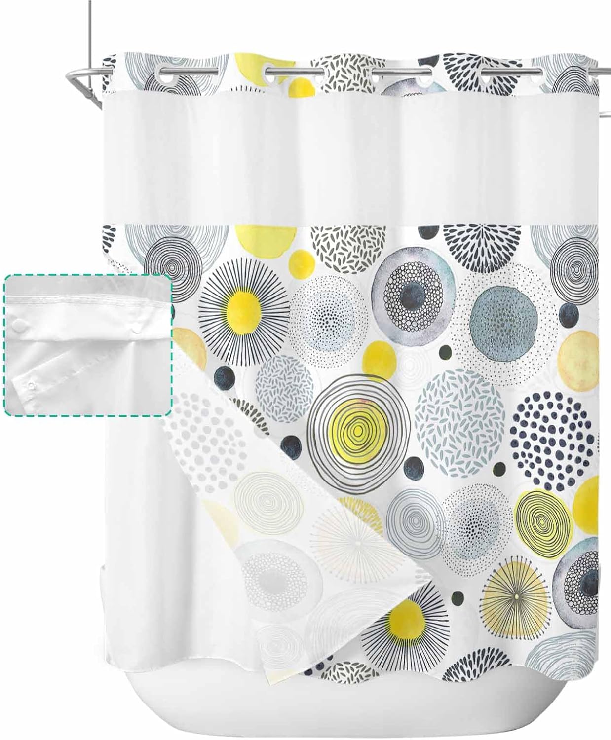No Hook Waterproof Shower Curtain with Snap-In Liner