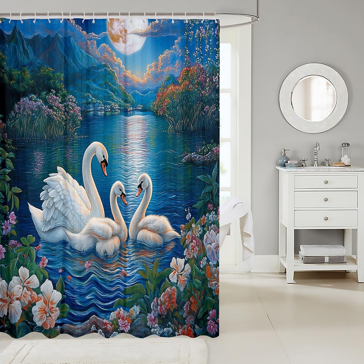 Swan Family Shower Curtain Tropical Jellyfish 72x84 Inch Family Bathroom Set