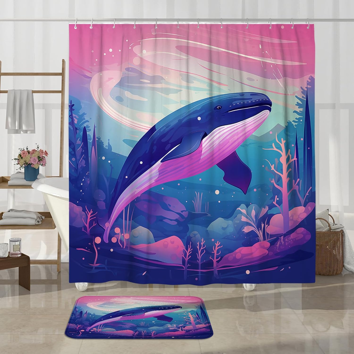 4PCS Fantasy Whale Bath Set with Non-Slip Rug and 12 Hooks