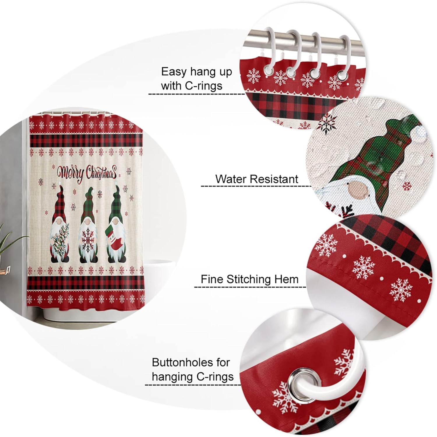 Merry Christmas Gnome Snowflake Shower Curtain Red Black Buffalo Plaid