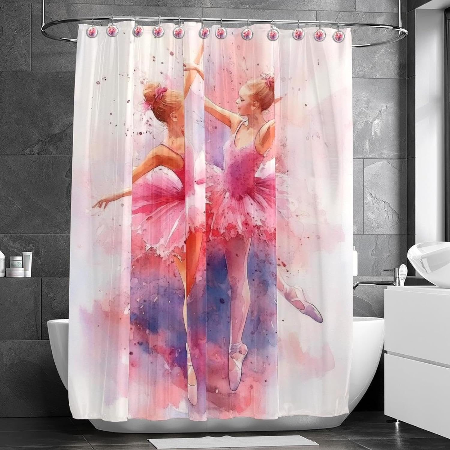VAPOKF Pink Ballet Dress Girls Shower Curtain Set with Hooks 66x72 in