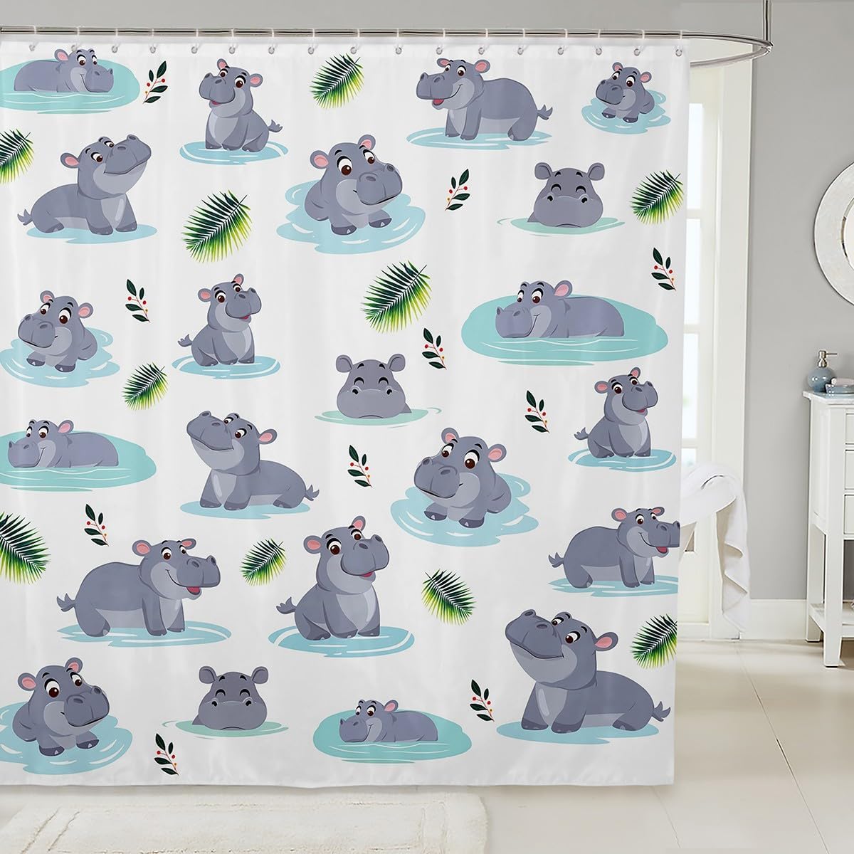 Cartoon Hippo Kids Shower Curtain Set 72x78