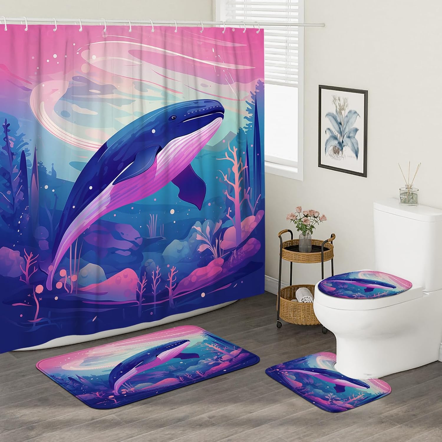 4PCS Fantasy Whale Bath Set with Non-Slip Rug and 12 Hooks
