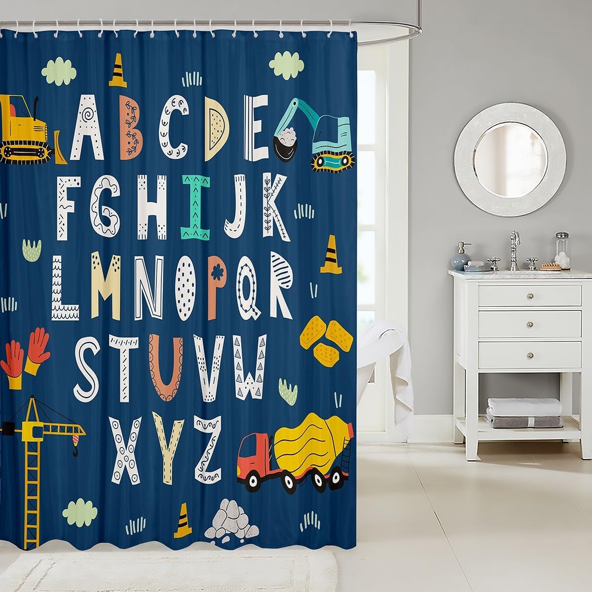 Cartoon Alphabet Truck Excavator Shower Curtain Set for Kids