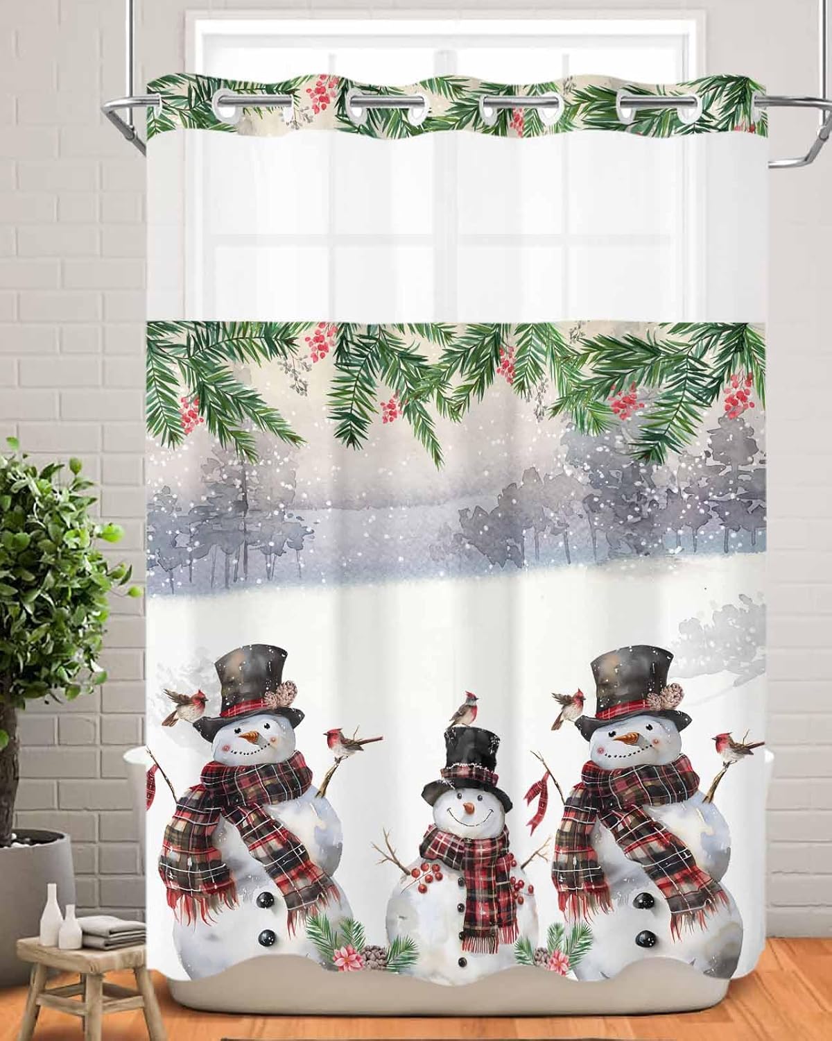Winter Xmas Berry Birds Snowman Bath Curtain Set