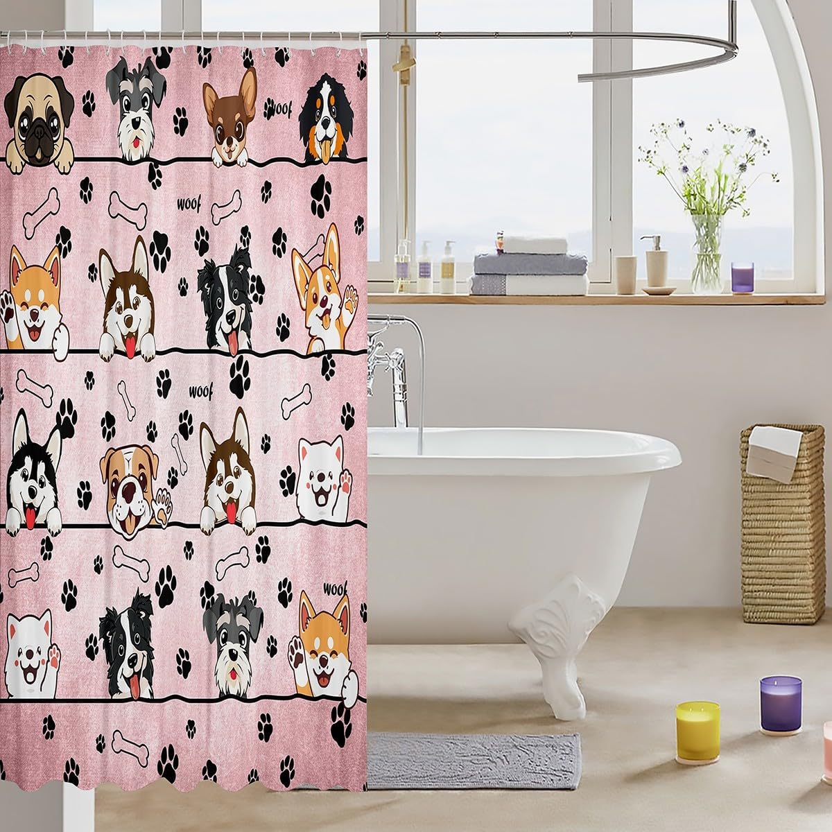 Cute Dog Shower Curtain with 12 Hooks Waterproof 3D-Printed