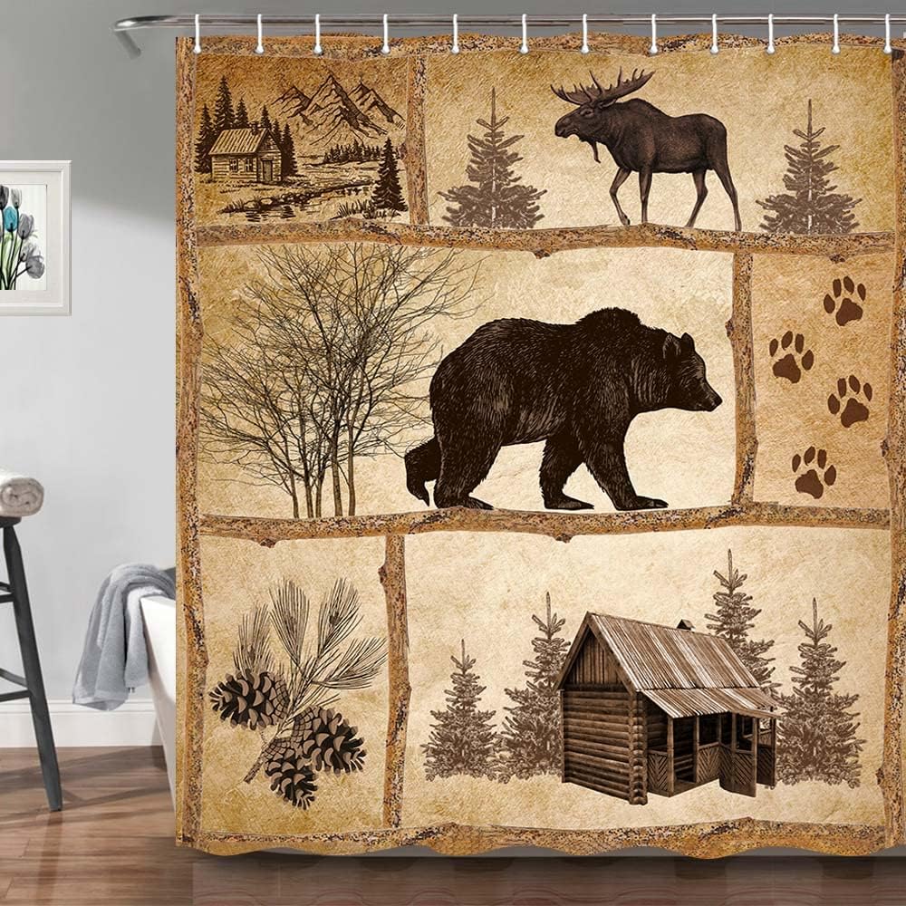 Rustic Cabin shower curtain set Bear Moose forest design waterproof 36x72 inch