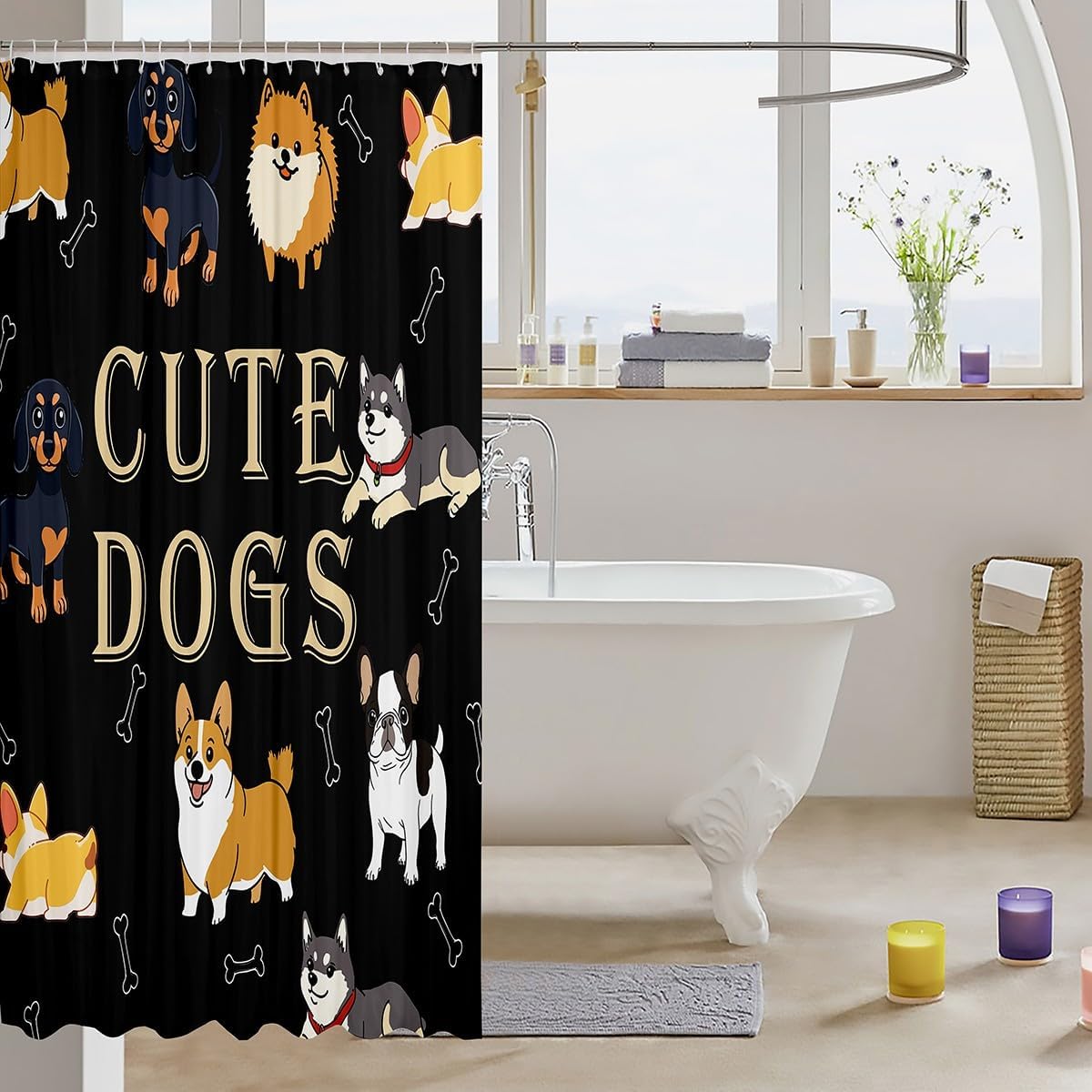 Cute Puppy Shower Curtains for Kids Waterproof Bathroom Curtain Set