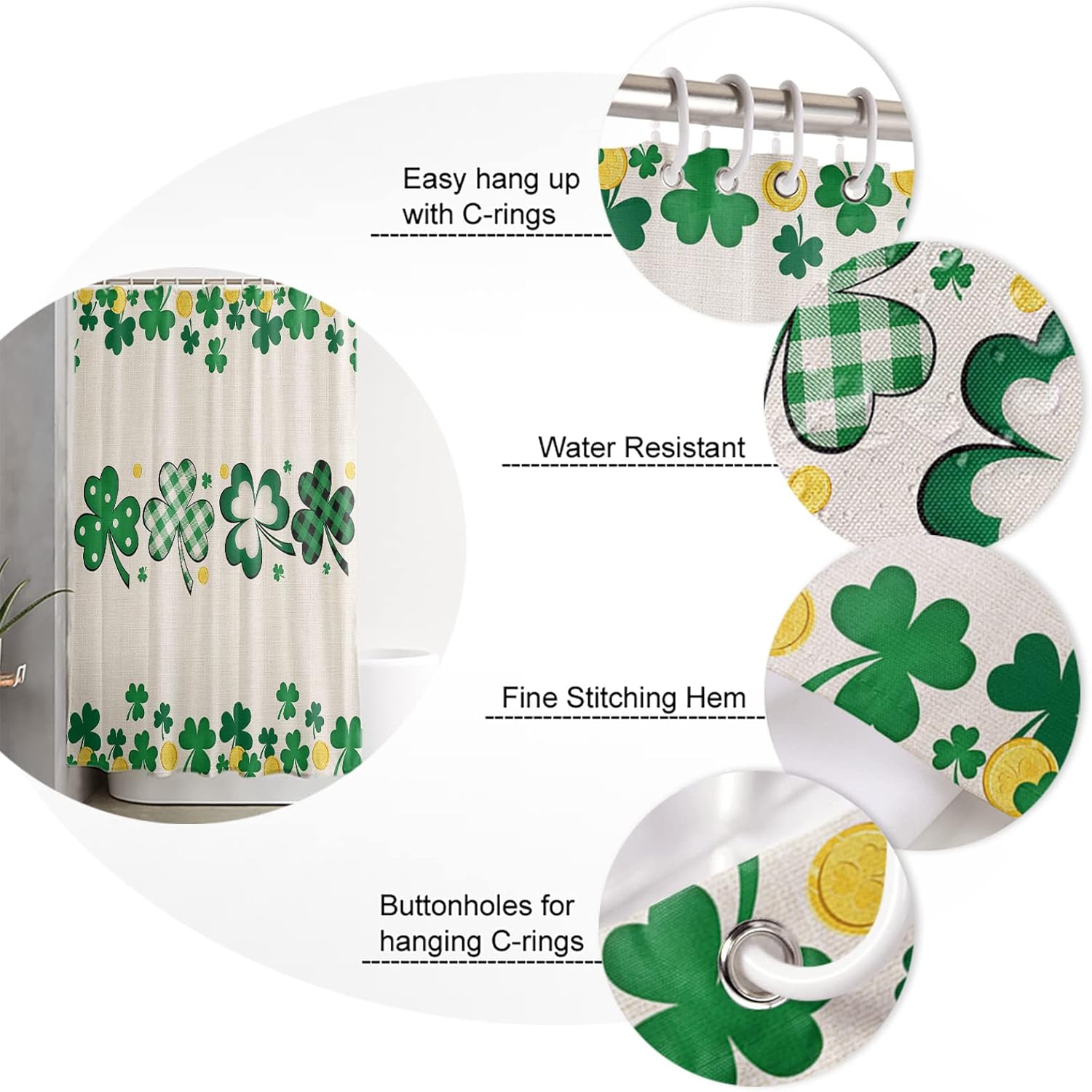 TocaHome Waterproof Shower Curtain with Hooks and Lucky Shamrocks Design