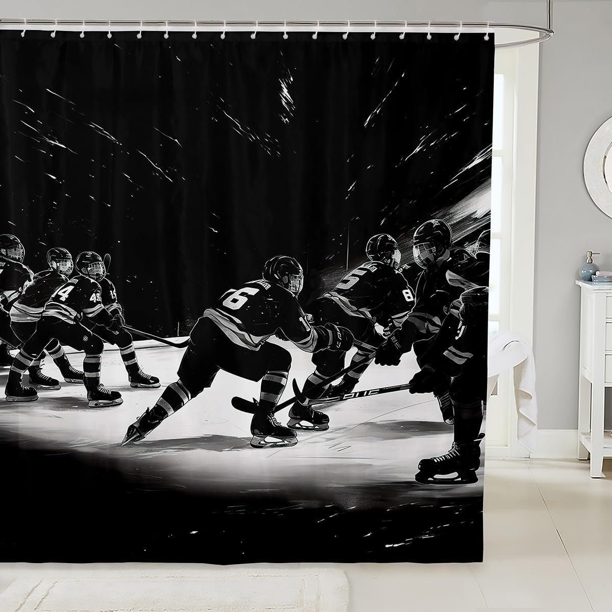 Seamless Durable Ice Hockey Shower Curtain Black White