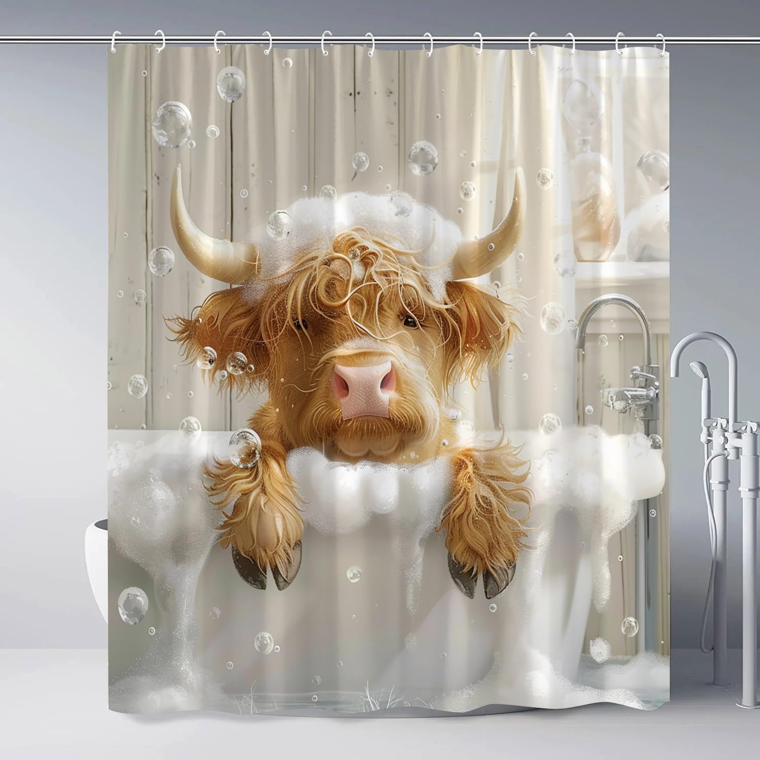 Funny Highland Cow Shower Curtain with Hooks