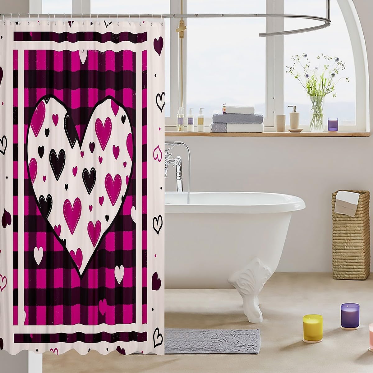 Jeffeloiu Love Bath Curtain Set for Valentines Day 72 x 78Check Pattern