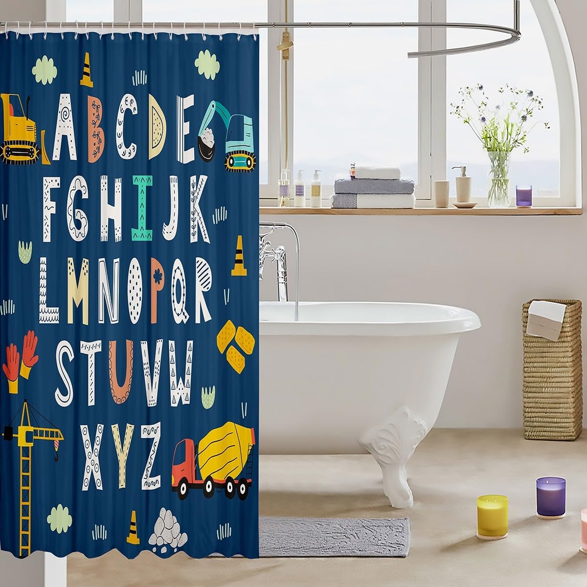 Cartoon Alphabet Truck Excavator Shower Curtain Set for Kids