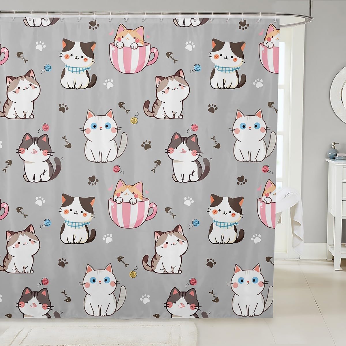 Feelyou Cat Shower Curtain Set 72x78 Gray