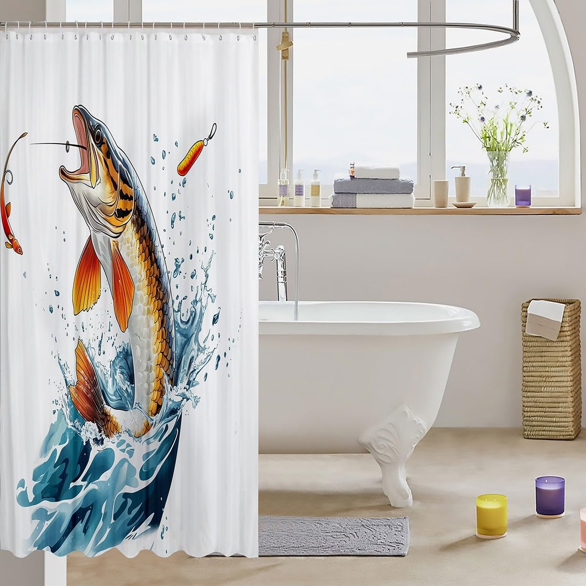 Cartoon Pike Fish Big Bass Bath Curtain 72x84