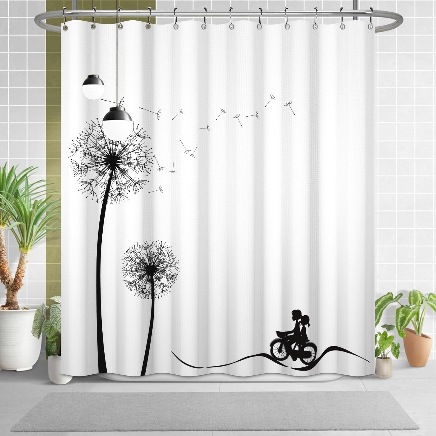 White Boho Shower Curtain Black Dandelions Waffle Shoot Curtains 72x72inches
