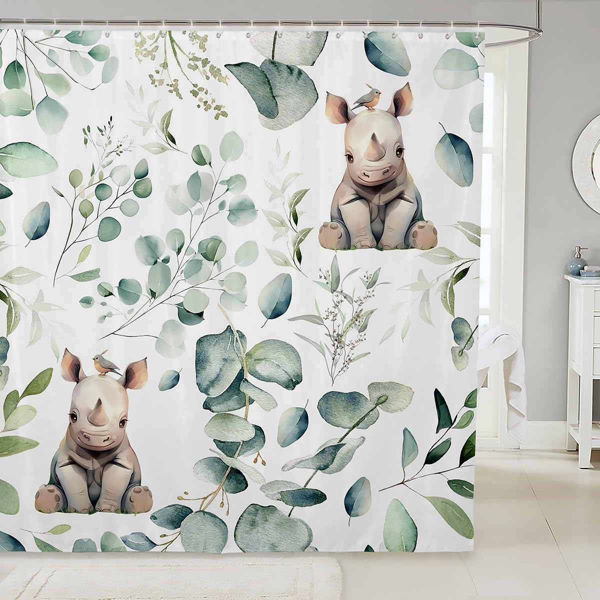 Adorable Rhino Shower Curtain Jungle Animal Bath Curtain