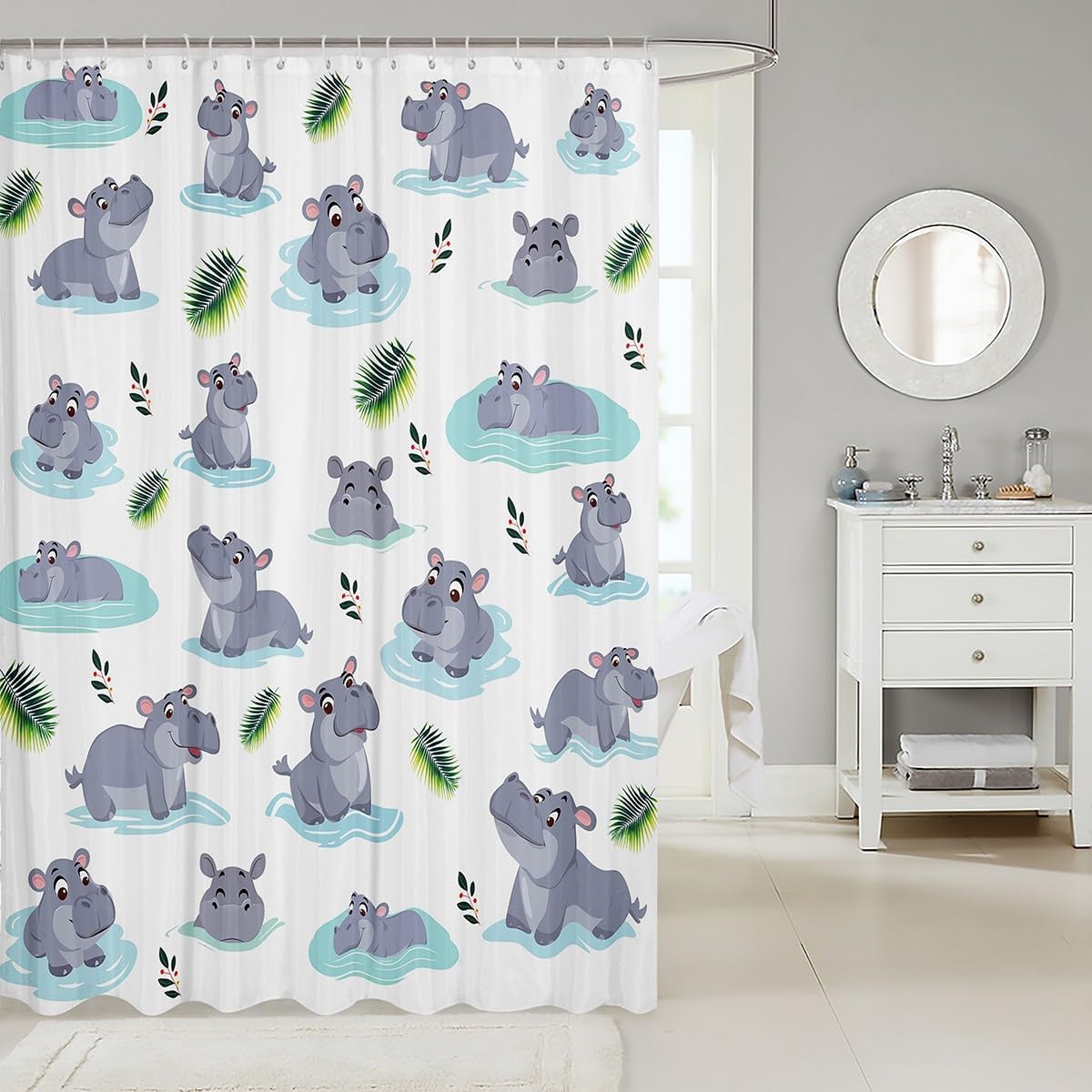 Cartoon Hippo Kids Shower Curtain Set 72x78
