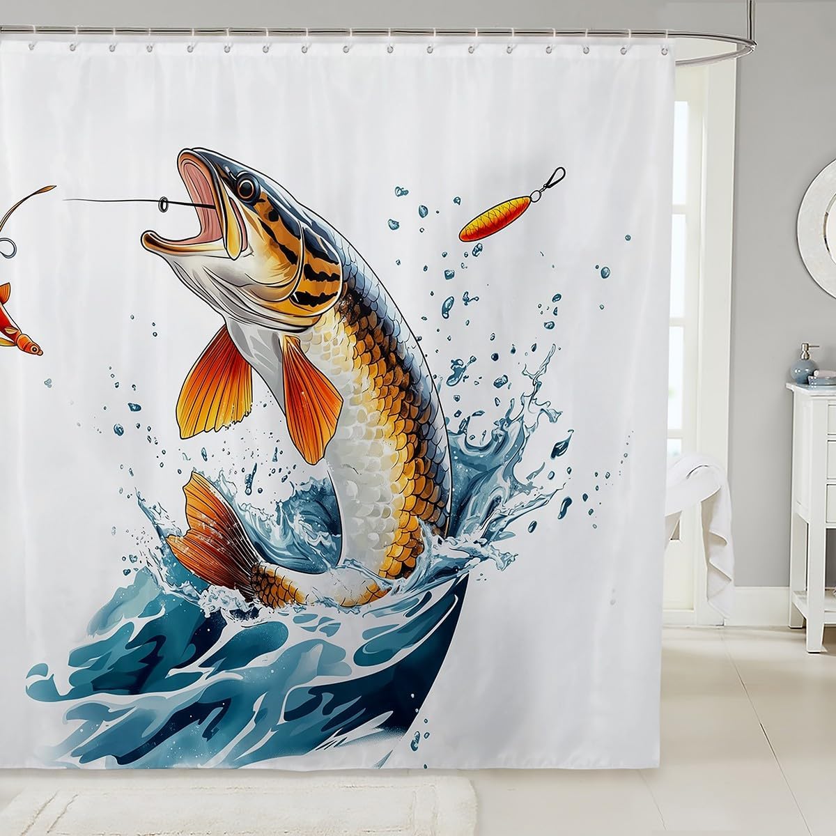 Cartoon Pike Fish Big Bass Bath Curtain 72x84