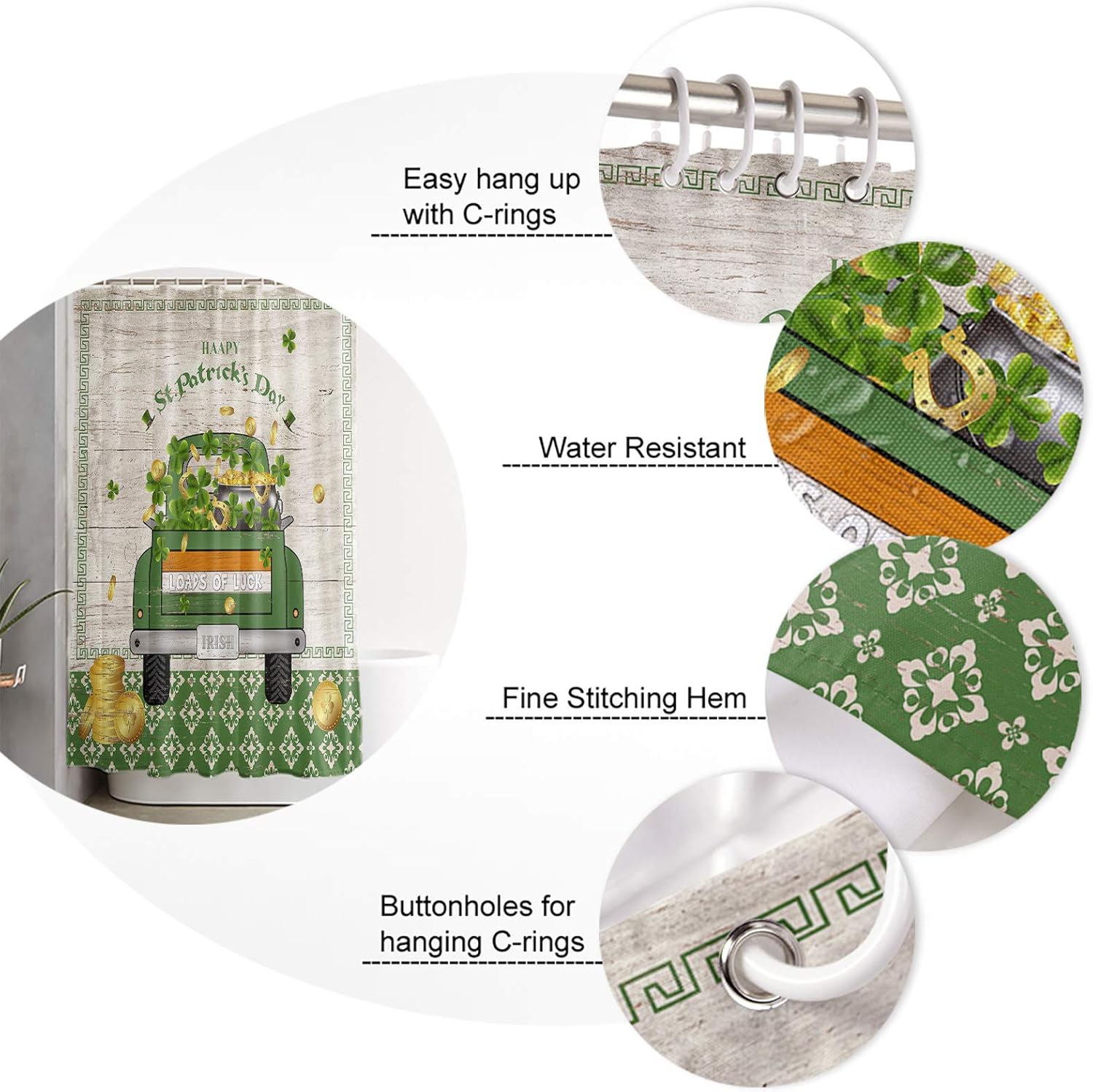 TocaHome Waterproof Shower Curtain with St Patricks Day Design - 54x78 inch