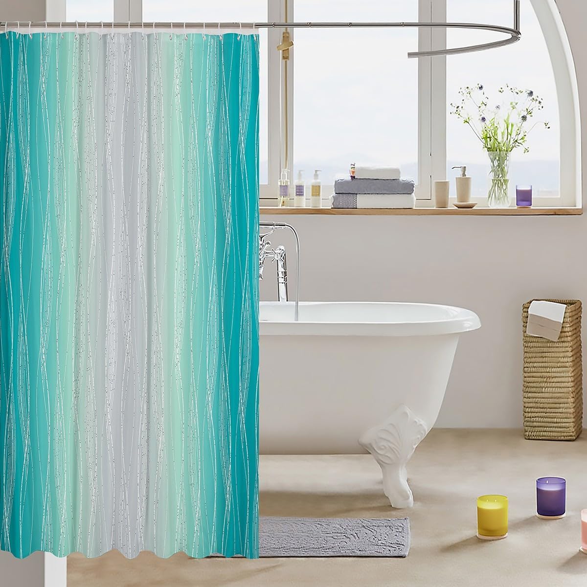 Erosebridal Teal Greyish White Shower Curtain with Turquoise Ombre Design
