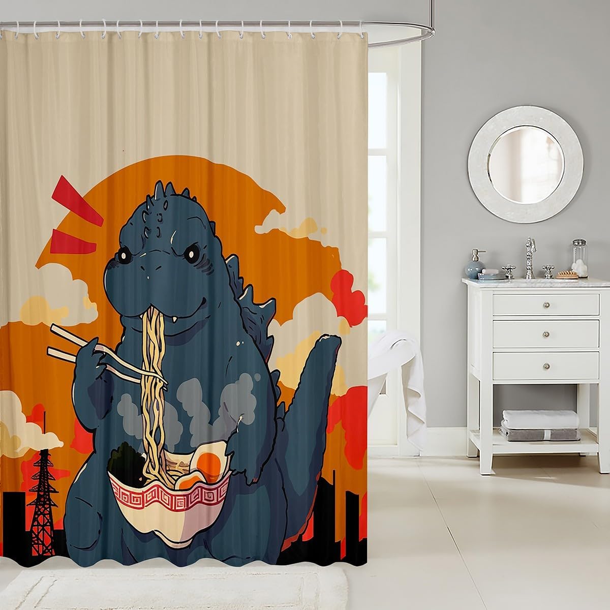Japanese Style Dinosaur Shower Curtain with 12 Hooks for Kids