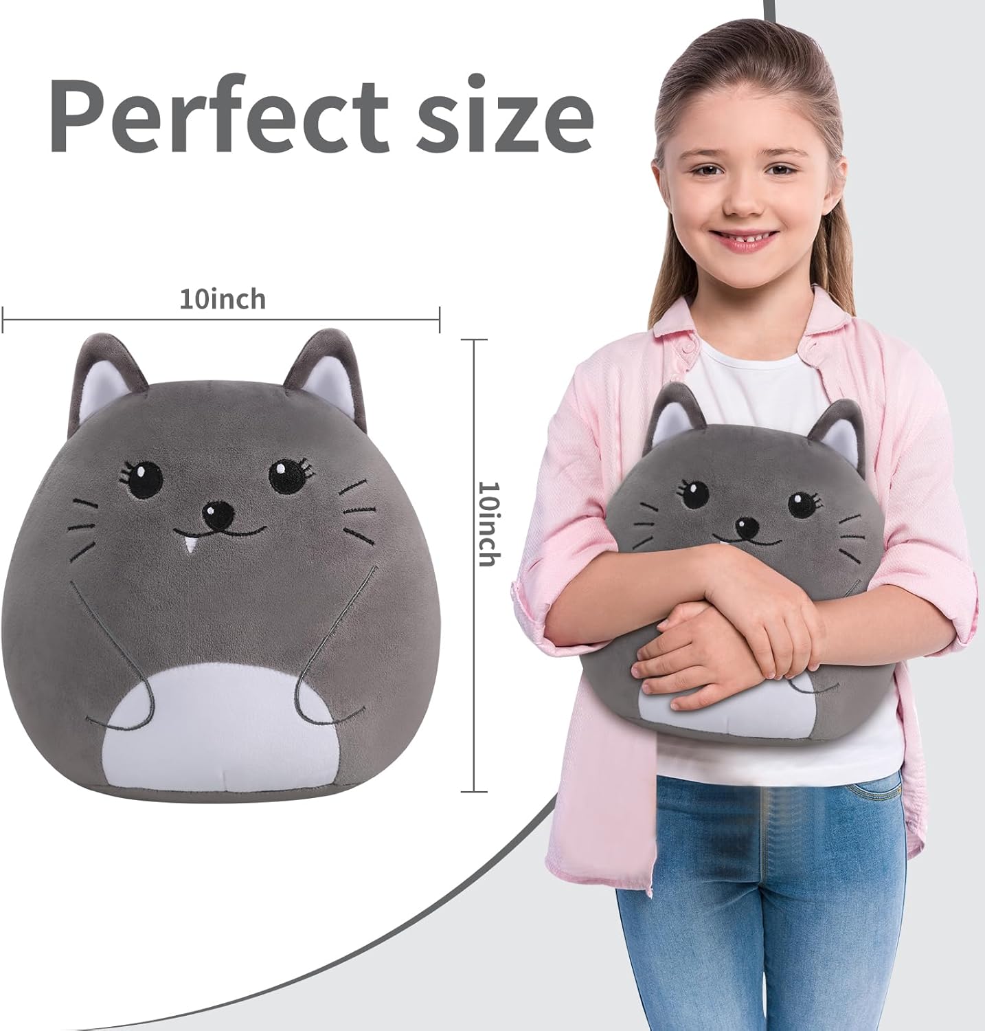 Cute Gray 10-Inch Plush Cat Pillow for Kids