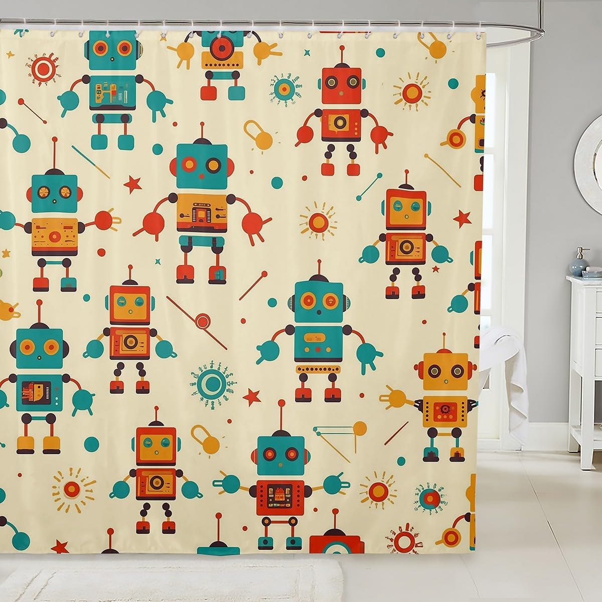Cute Robot Bath Curtain for Kids Yellow Machine Washable Bathroom Accessory