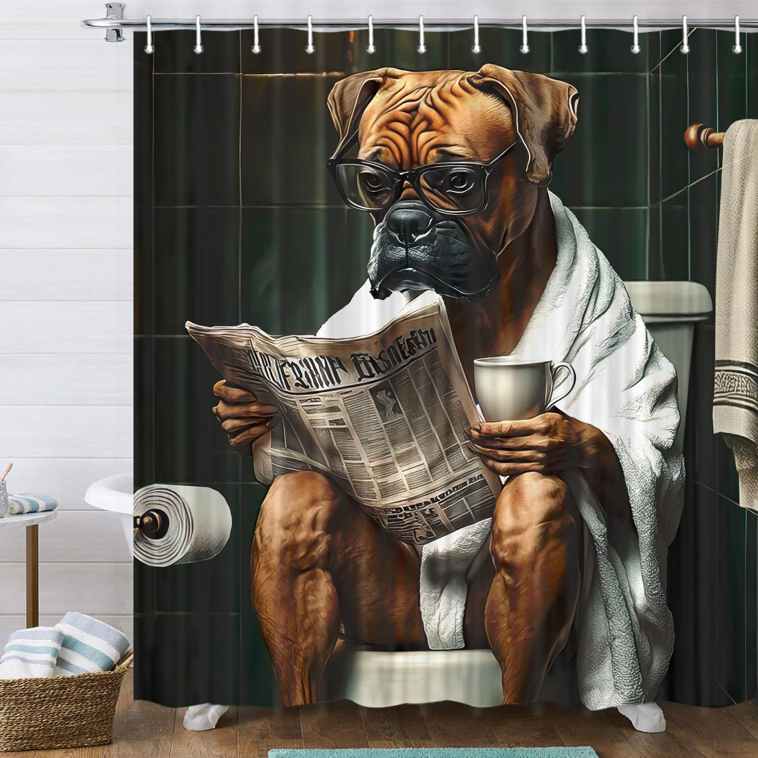 JAWO Funny Dog Bathroom Curtain Set 12 Hooks Washable 72x84 Poly