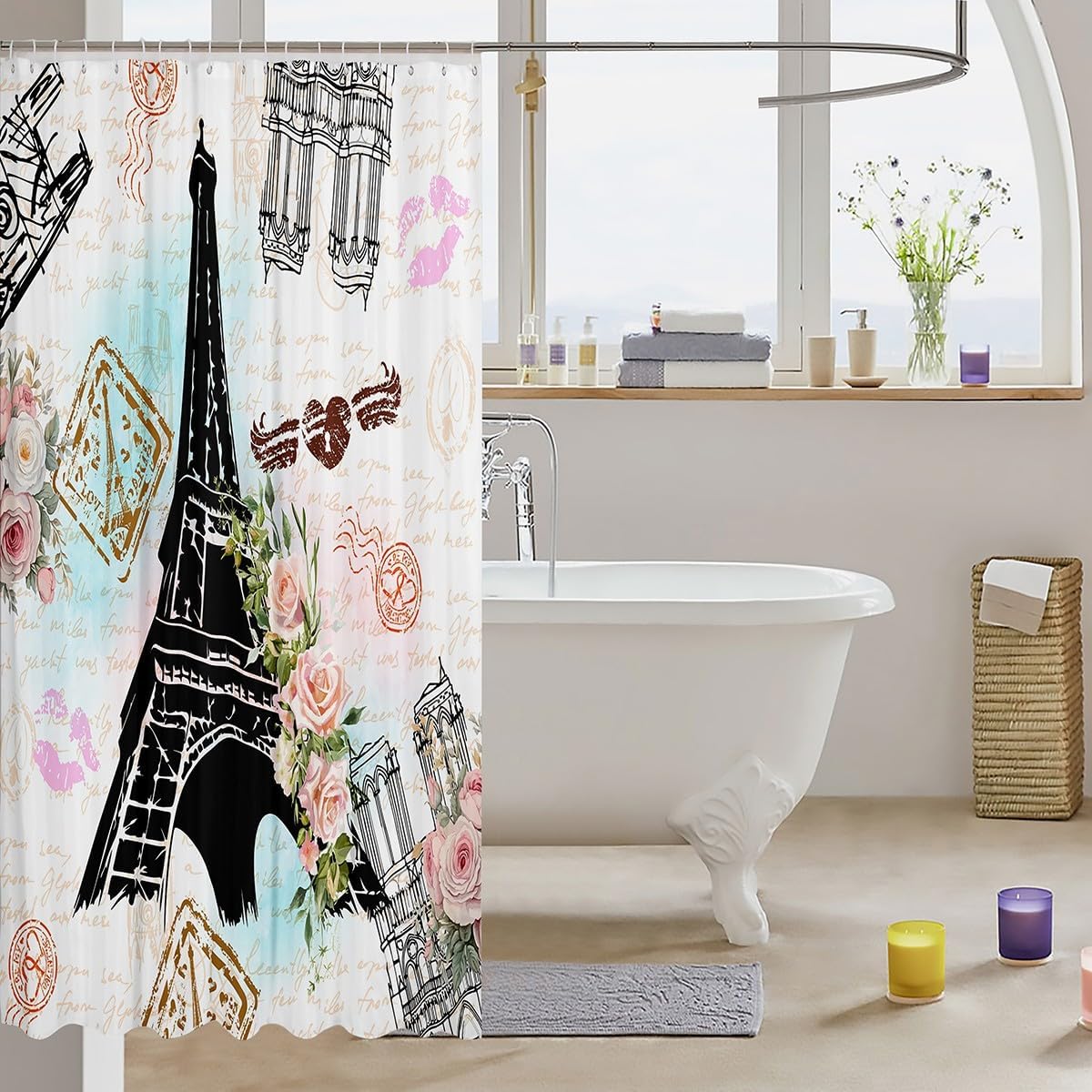72Eiffel Tower Bath Curtain Set 12 Hooks