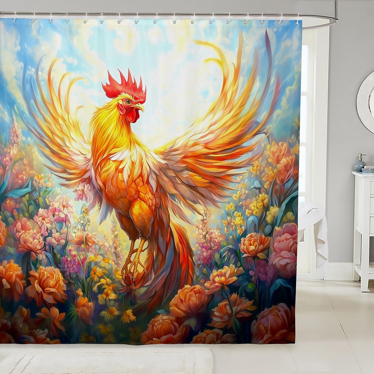 Castle Fairy Hen Bath Curtain 72x72 Farmhouse Animal Shower Set