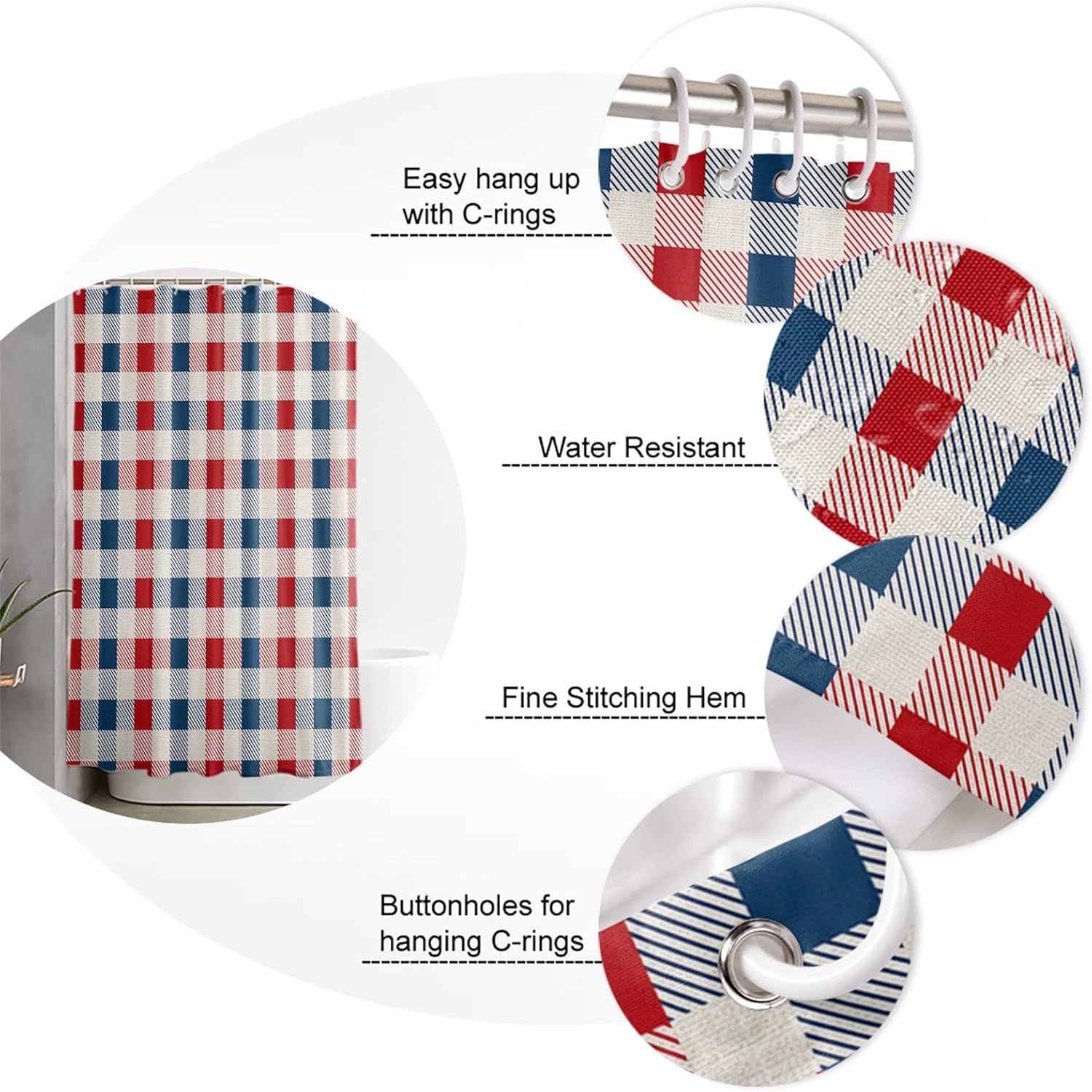 GeoPrint Plaid Waterproof Shower Curtain Set for 4th of July Independence Day
