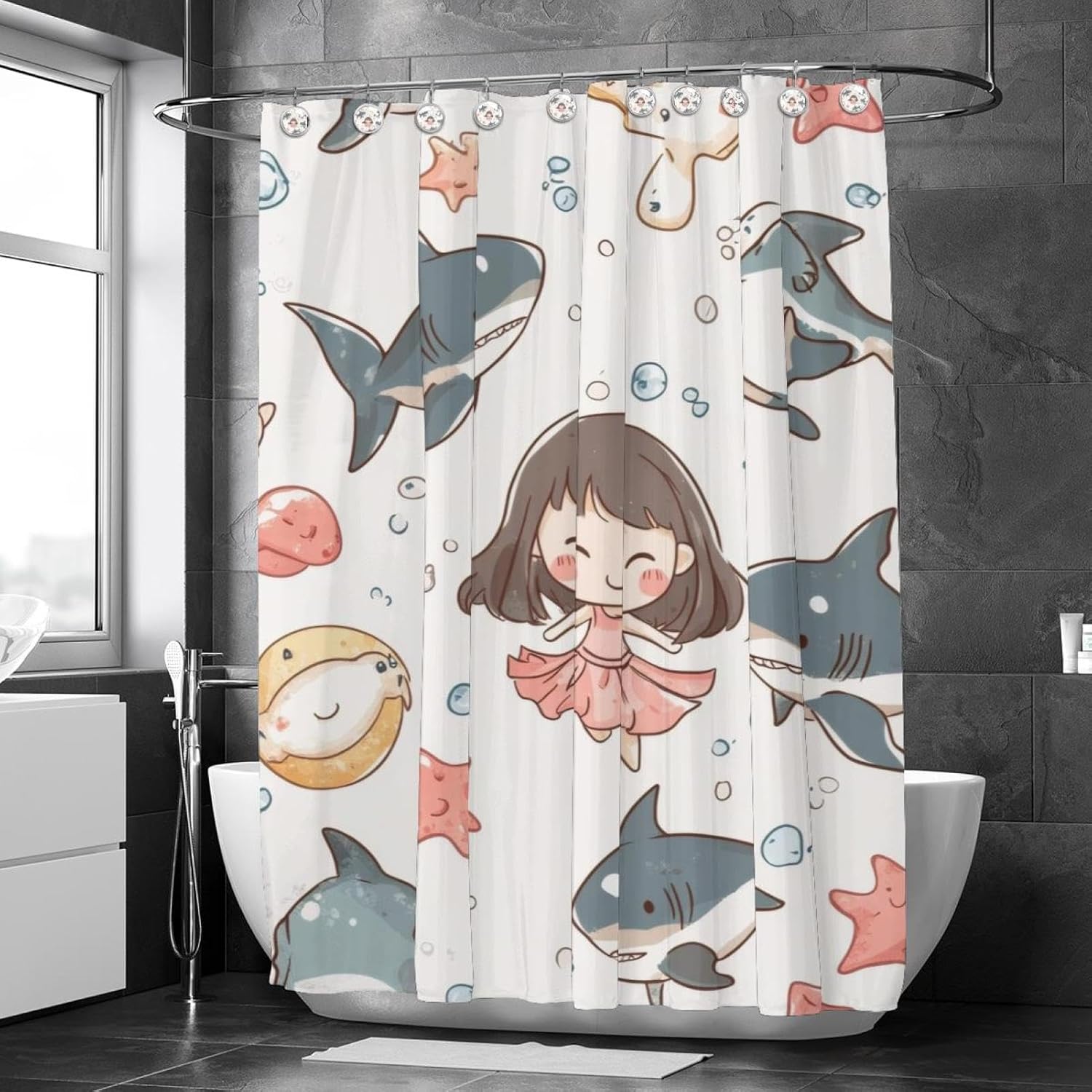 Cartoon Shark Starfish Print Washable 10-Piece Polygonal Planes Shower Curtain 66x72 in