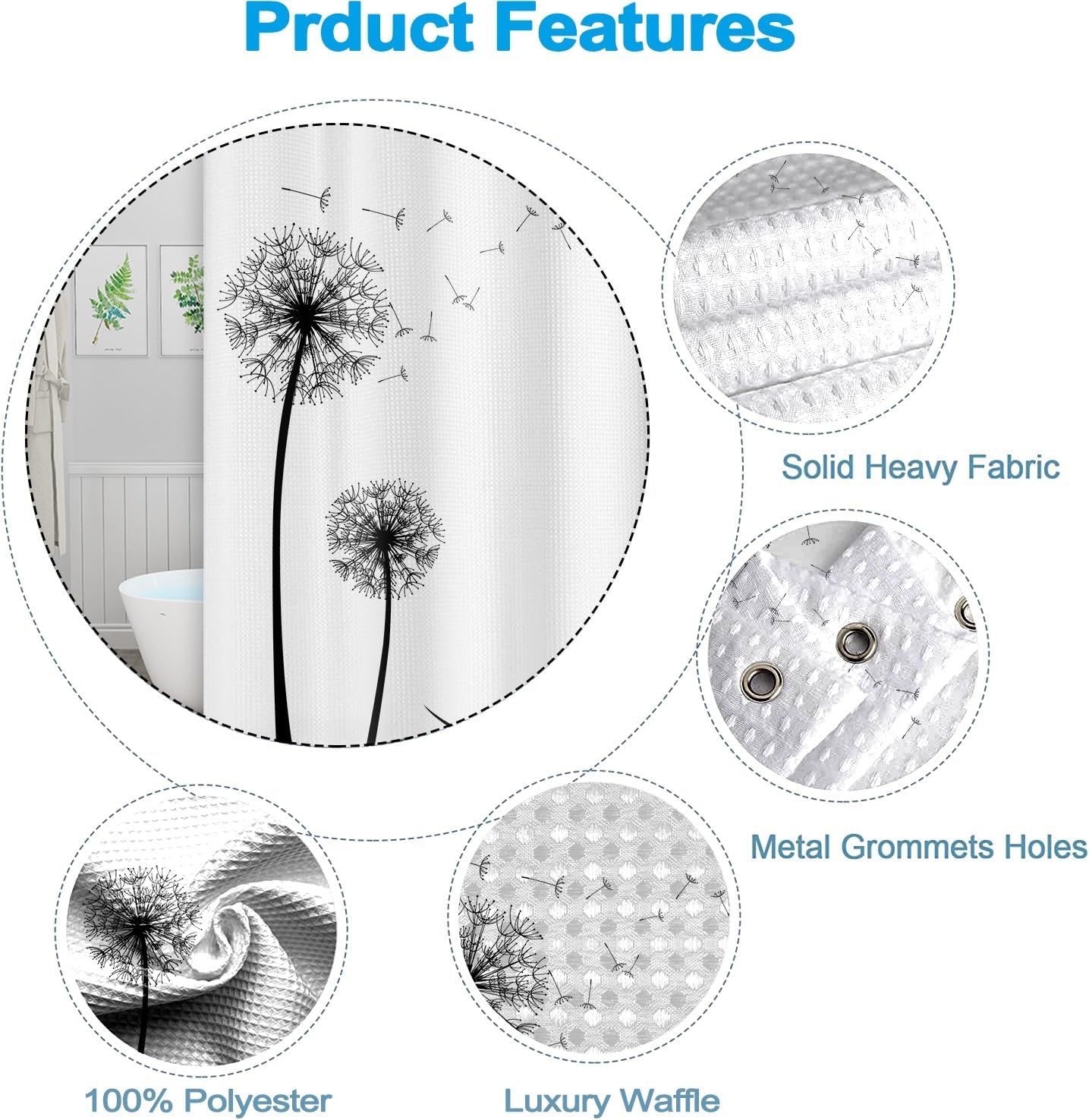 White Boho Shower Curtain Black Dandelions Waffle Shoot Curtains 72x72inches