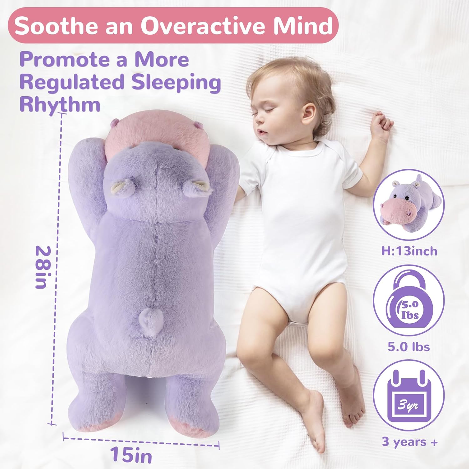 Meowtastic Hippo Weighted Plush Toy - 28 Inch 5 Pounds Comfort Pillow