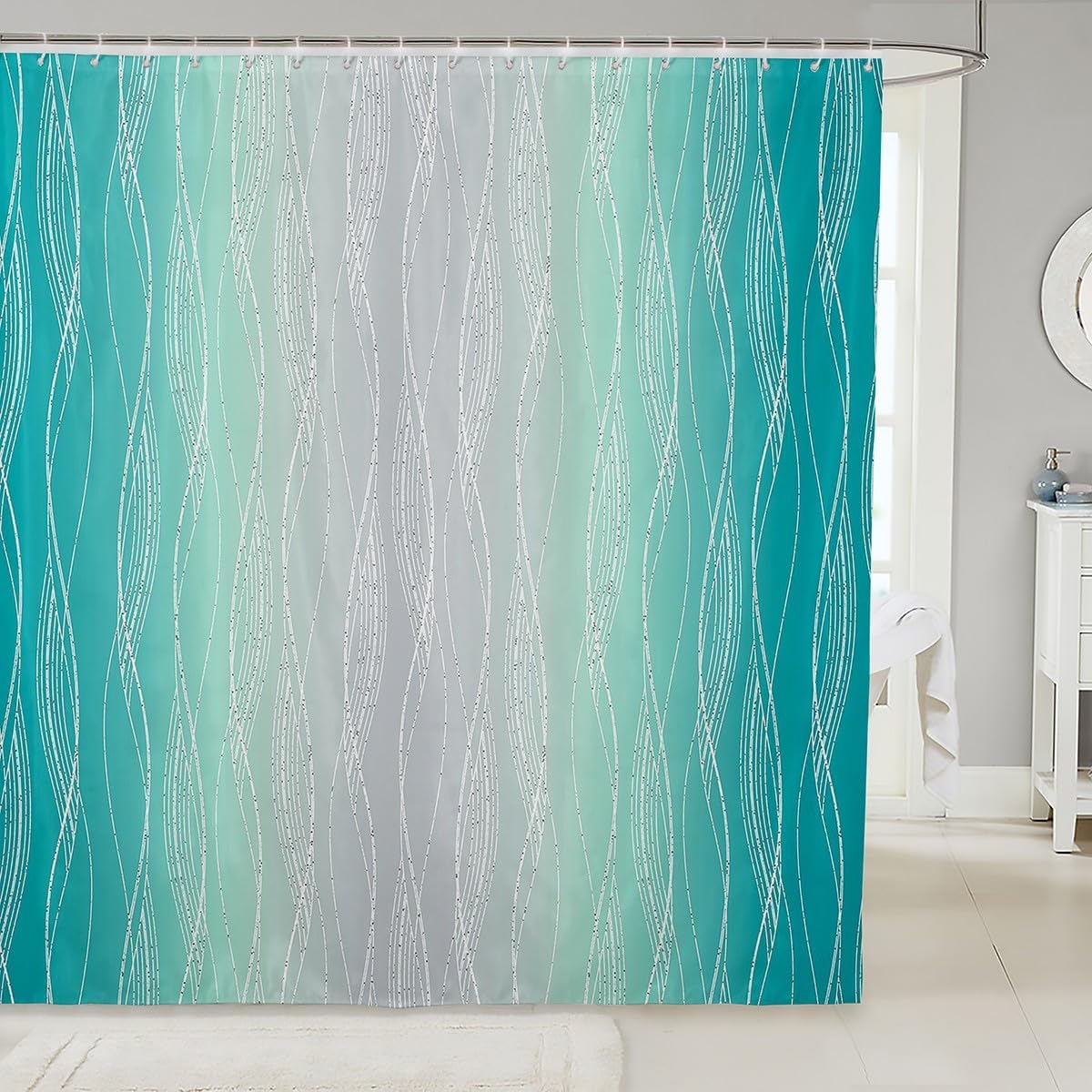 Erosebridal Teal Greyish White Shower Curtain with Turquoise Ombre Design