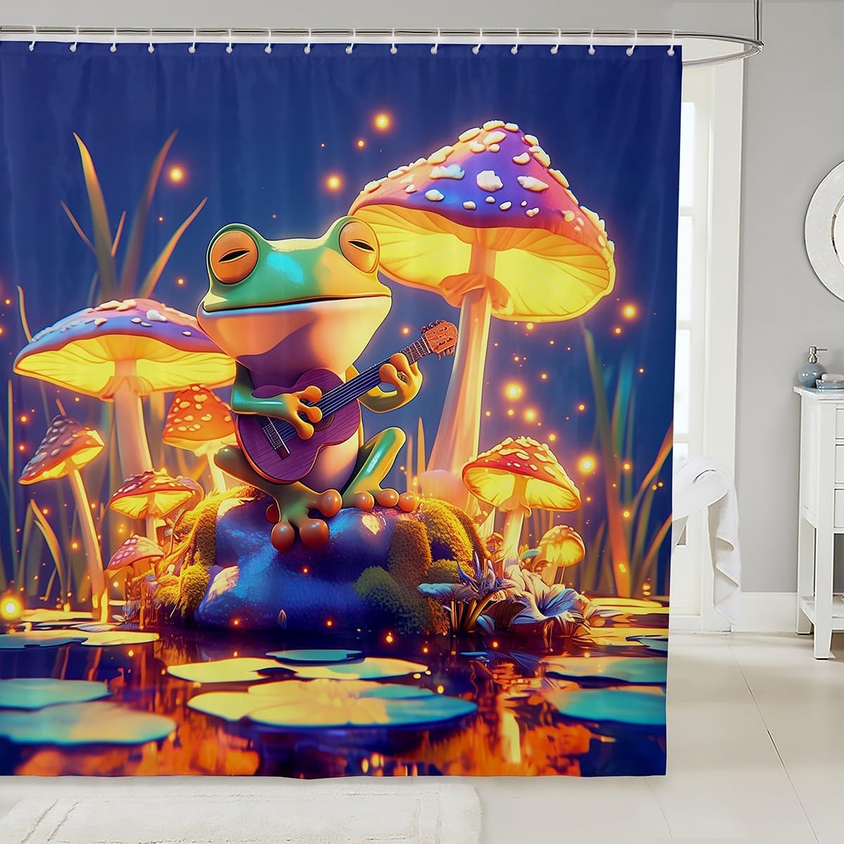Trippy mushroom bath curtain set with 12 hooks for kids