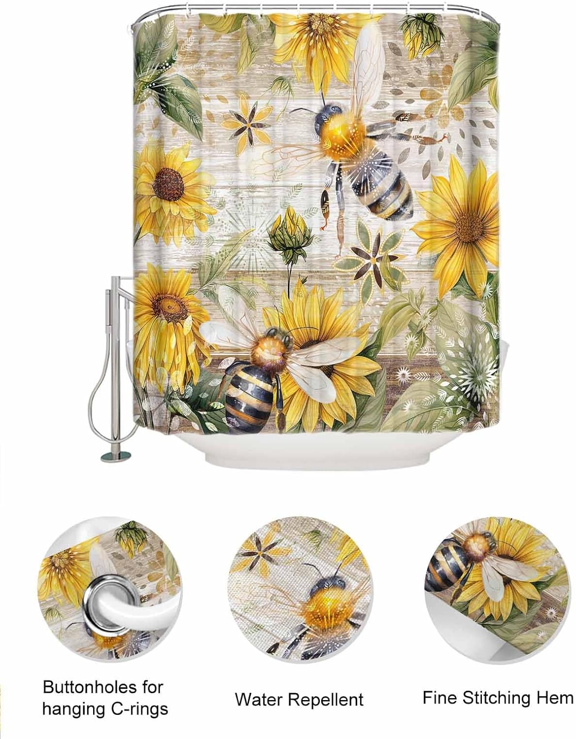 Bee Floral shower curtain set with caddy waterproof 60x72-inch farmhouse design