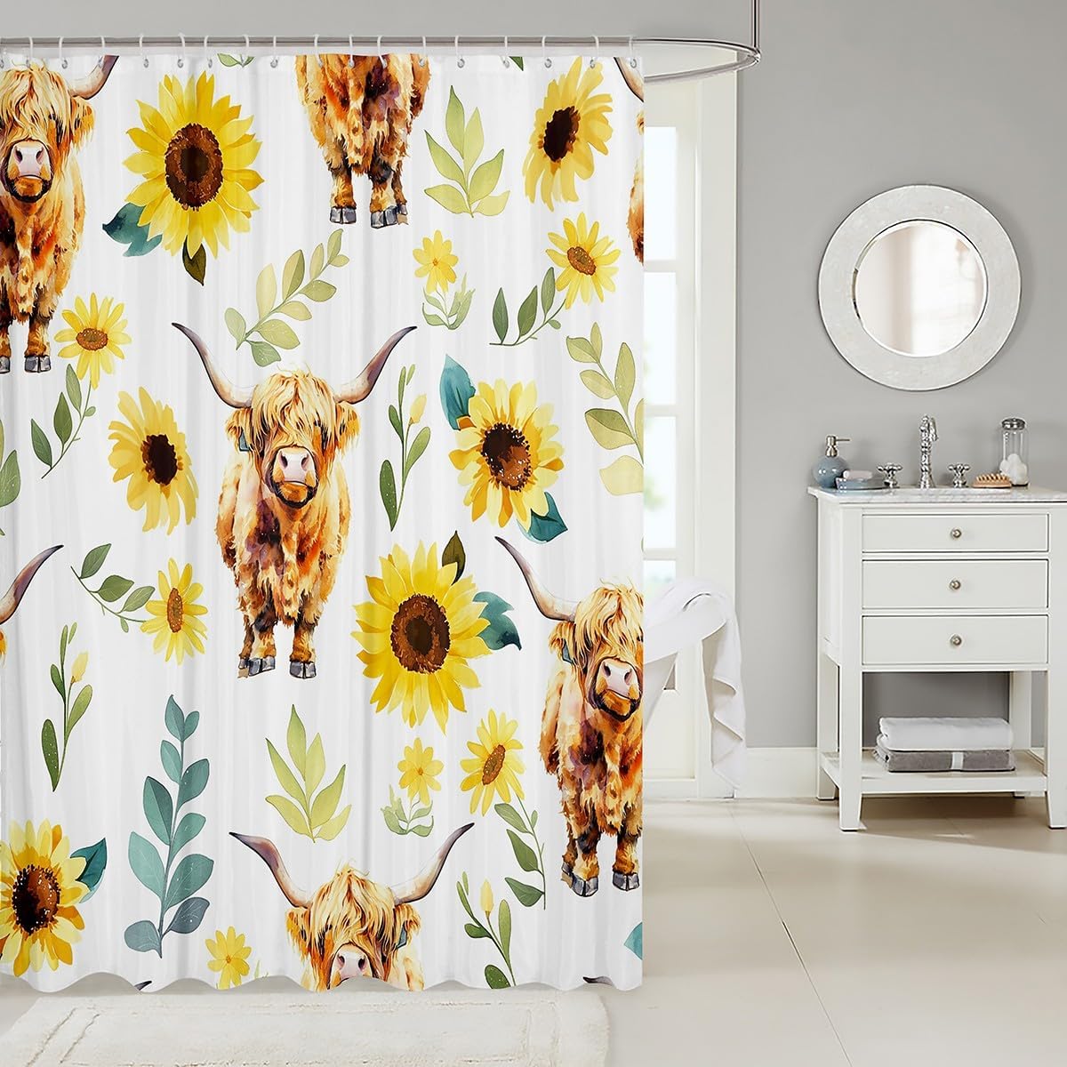 Feelyou Highland Cow Bath Curtain Sunflower Bathroom Set