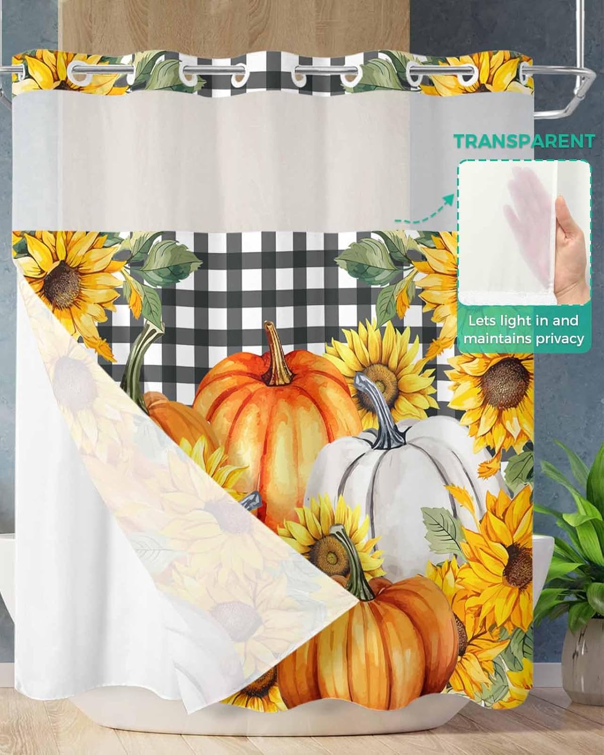 No Hook Cloth Fabric Shower Curtain with Snap-in Liner Set