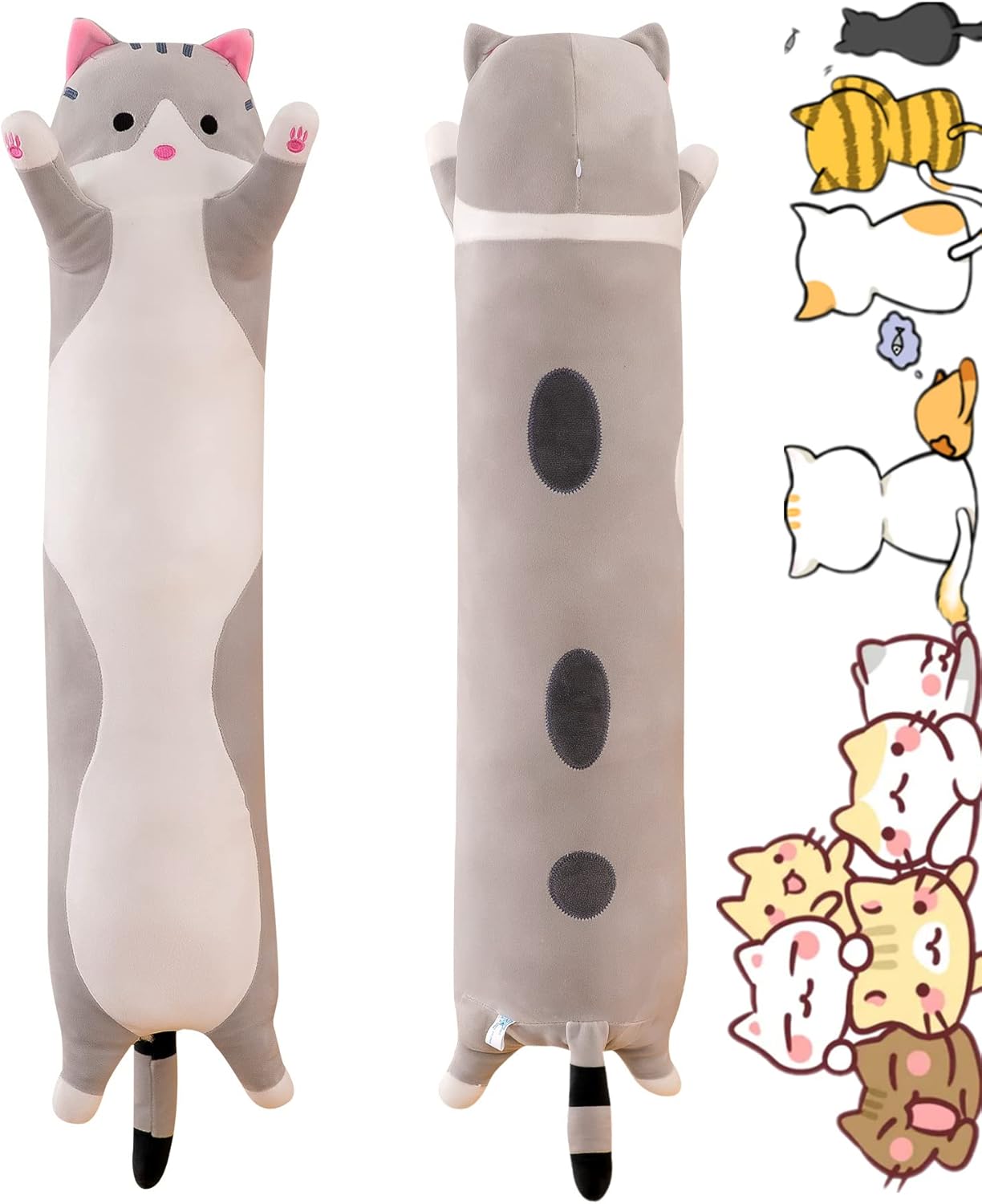 Long Gray Cat Plush Pillow for Sleep Cuddle and Relaxation