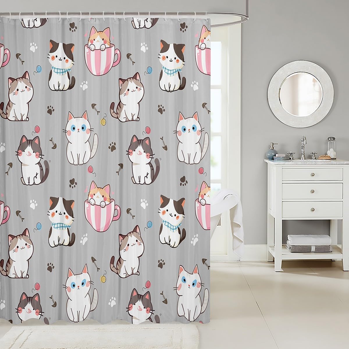 Feelyou Cat Shower Curtain Set 72x78 Gray