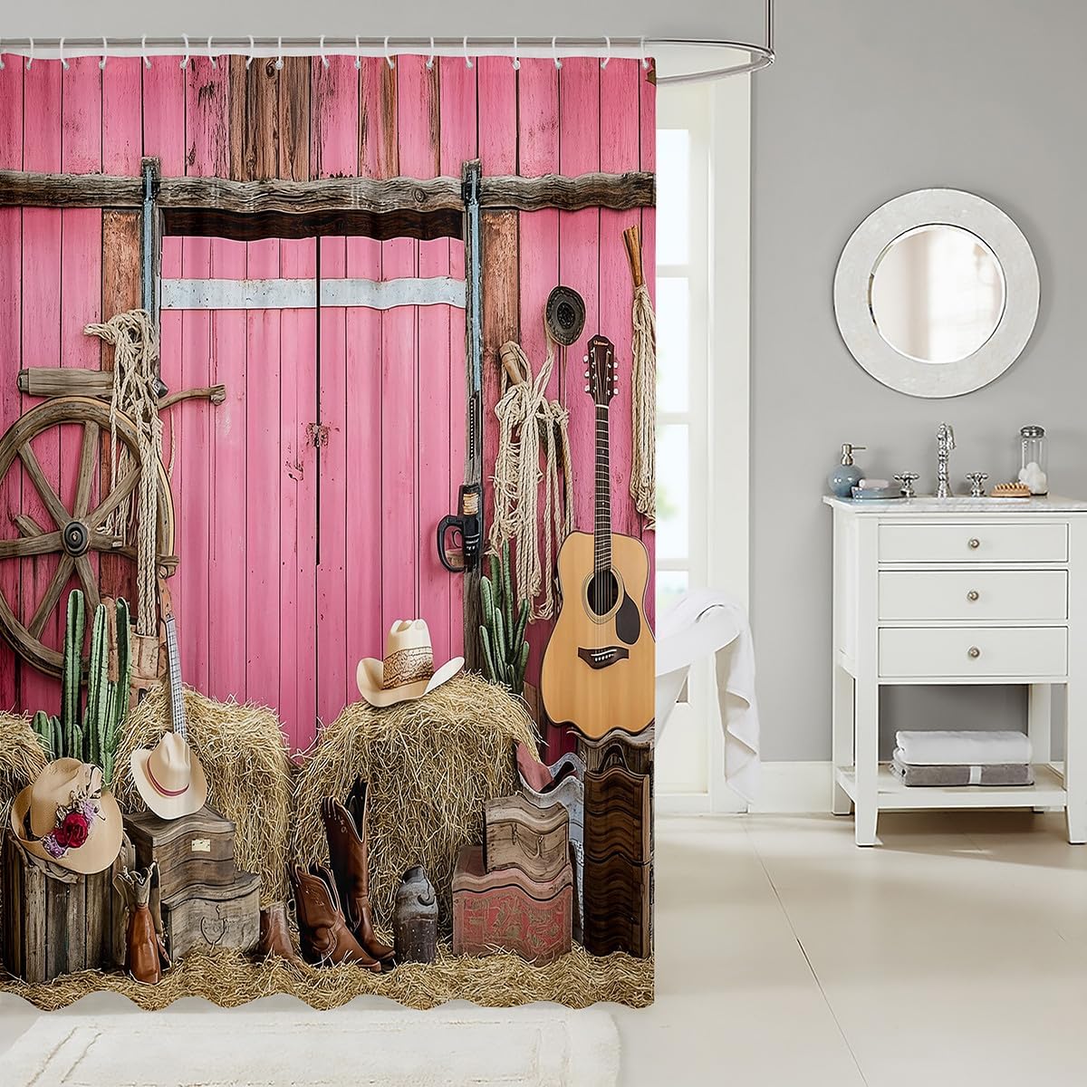 Pink Farmhouse Shower Curtain Set with Hooks