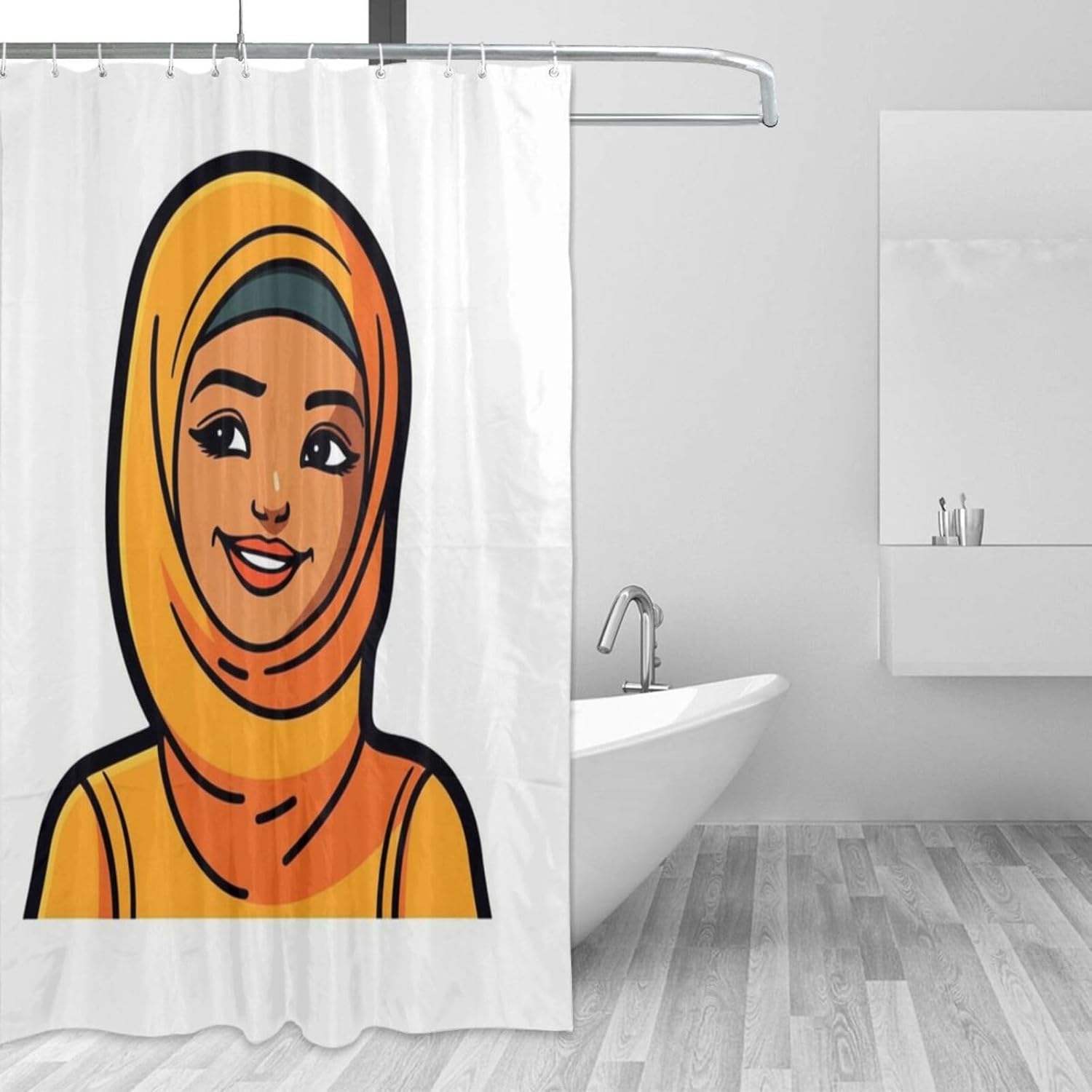 Daily Bohposes - Minimalistic fun cartoon girl shower curtain with 12 Hooks