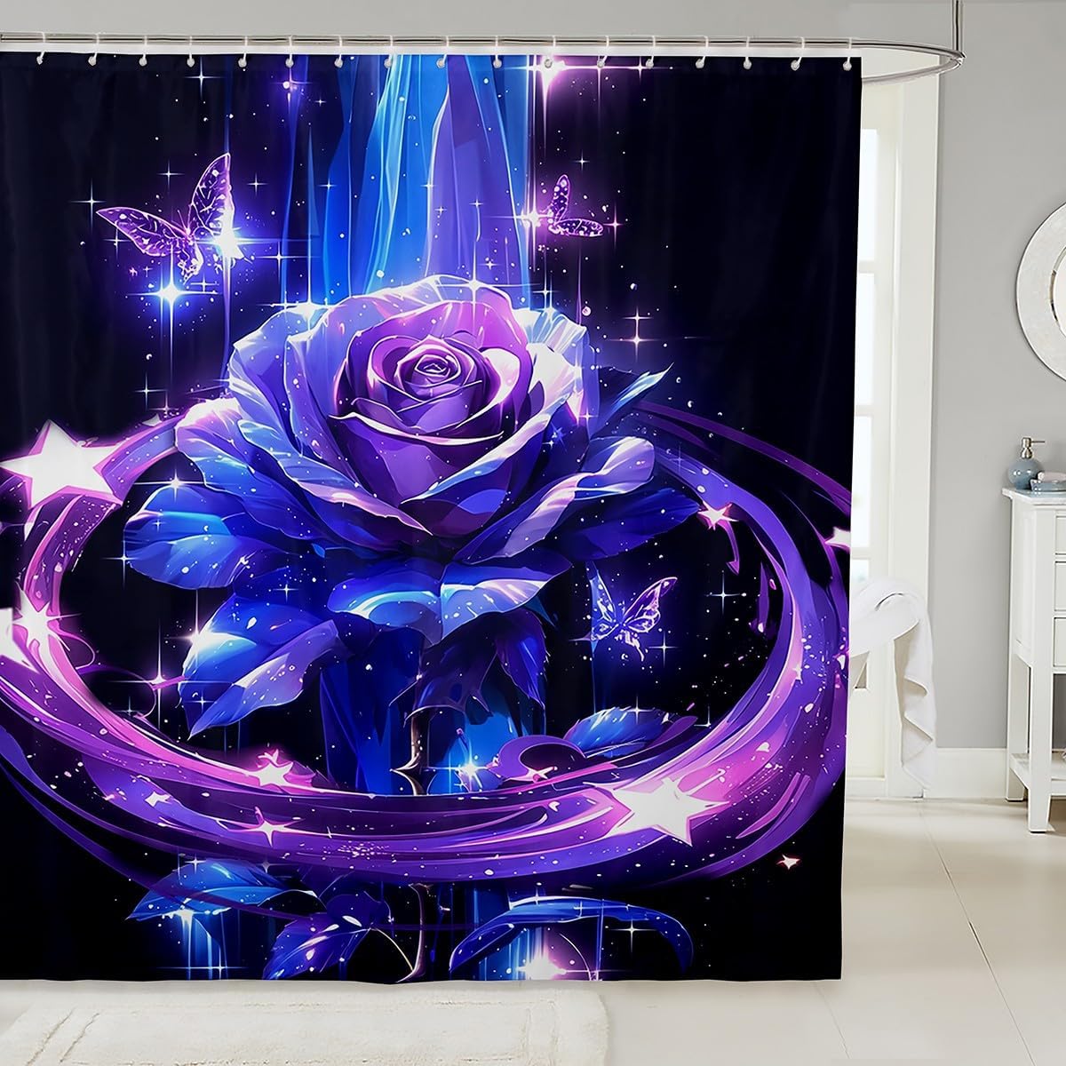 Erosebird Blue Purple Rose Bathroom Curtain Set