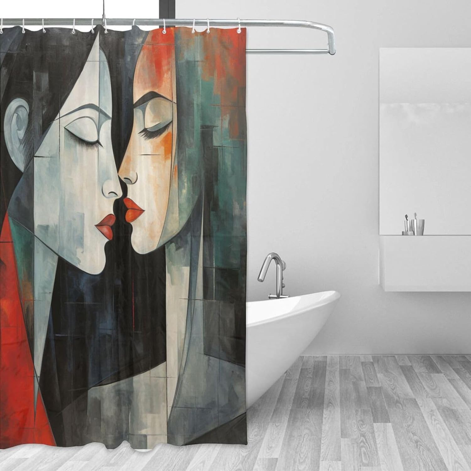 Kissing Girl Boho Shower Curtain Set Oil Painting Red Black