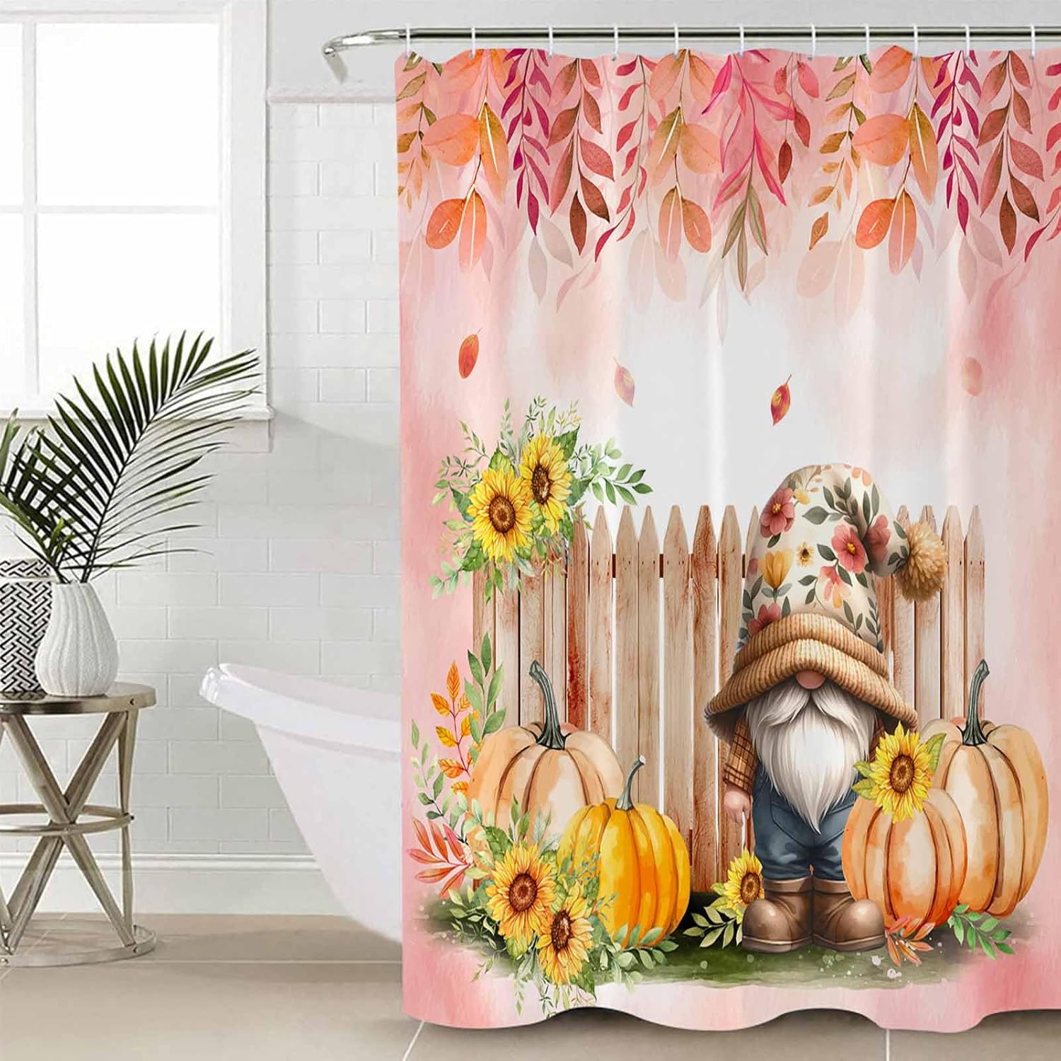Thanksgiving shower curtain with pumpkins and leaves design